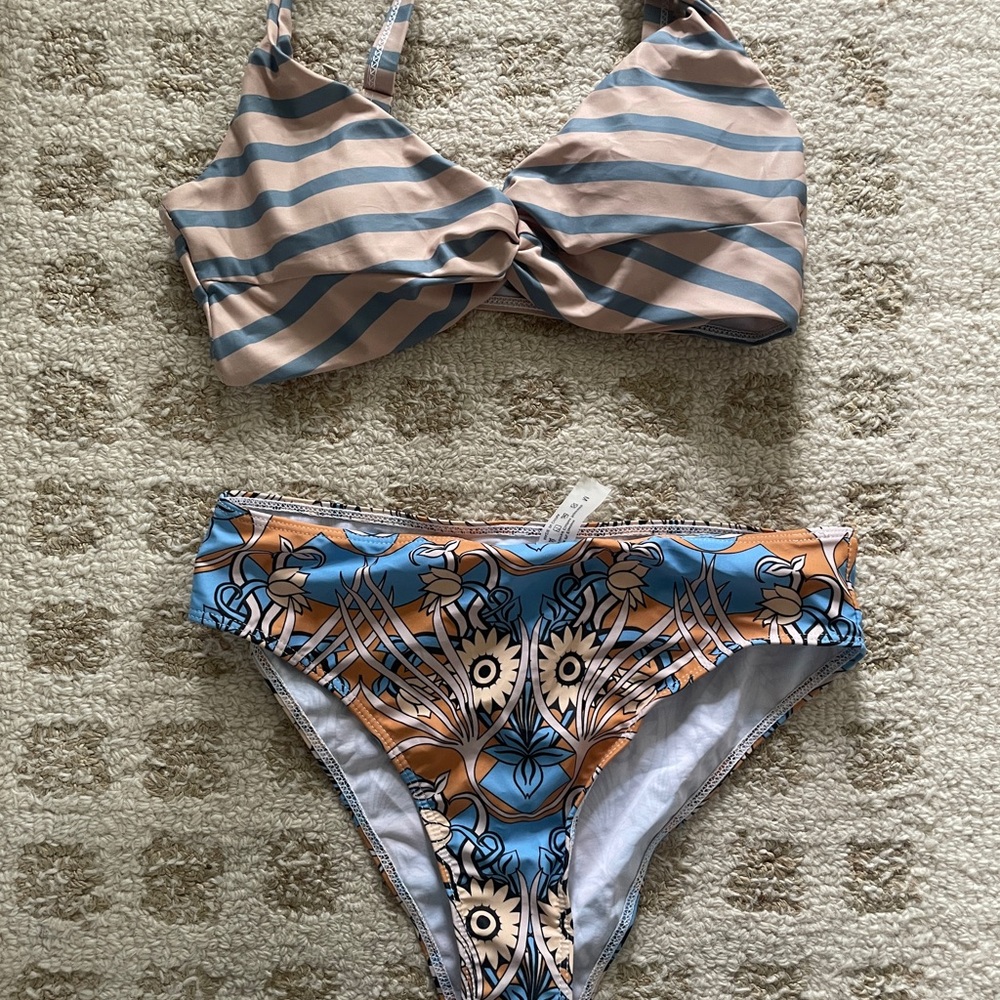 Striped Blue and Tan Bikini Set